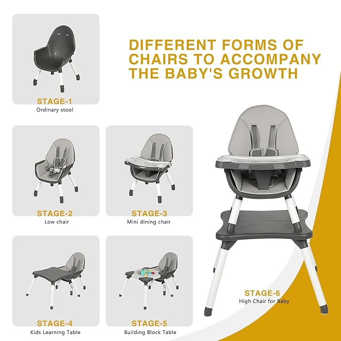 Gofirst 6 in 1 Baby High Chair,Convertible High Chairs for Babies and Toddlers/Booster Seat/Table and Chair Set,Babies Feeding Chair/5-Point Harness,4-Position Removable Tray&PU Cushion Baby Highchair