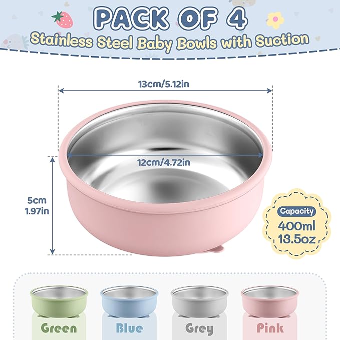 E-far Stainless Steel Baby Bowls with Suction, 4 Pack Removable Colorful Silicone Sleeve Toddlers Kids Bowl, Non-Toxic Snack Container for Baby Food Feeding, Non-Slip & Unbreakable, Dishwasher Safe