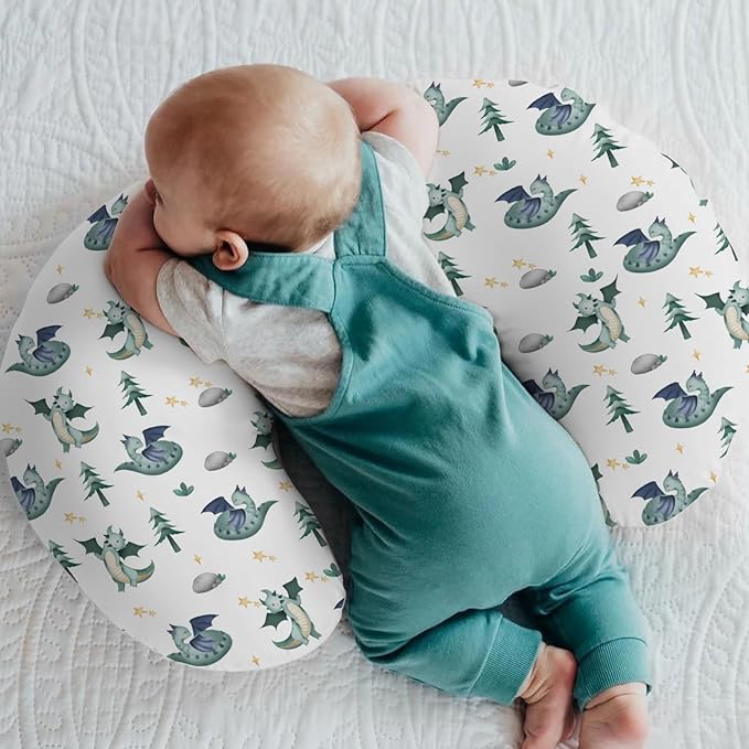 Fairytale Dragon Trees Stars Baby Nursing Pillow Covers for Boy Girl Cute Dragons Green Nursery Feeding Pillowcase for Breastfeeding Pillows Fantasy Animal Soft Stretchy Slipcover for Newborn Infant