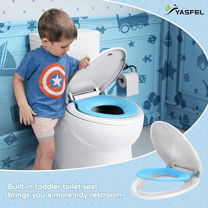 YASFEL Toddler Toilet Seat, Potty Training Toilet Seat for Toddlers, Kids & Adults Plastic Toilet Seats Elongated Slow Close with Magnets(Blue White, 18.5”)