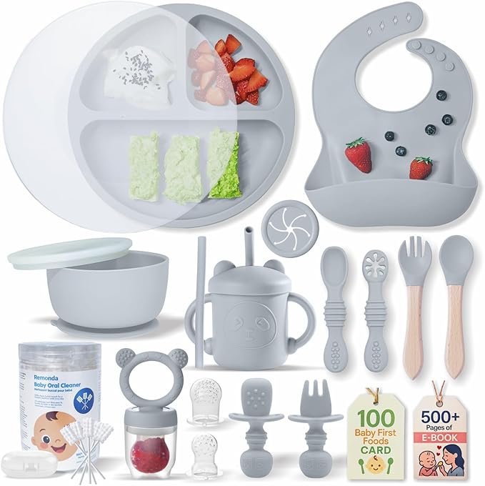 Remonda 23-Piece BPA-Free Silicone Baby Feeding Set | Extra Large Suction Plates, Toddler Bowls, Self Feeding Spoons, and More | Dishwasher Safe| Baby Led Weaning Supplies (Grey) AA