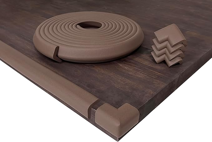 Kidkusion Table Cushion | Made in USA | 24 Foot Edge + 4 Corners | Brown | Baby Proof Furniture Edge and Corner Guards