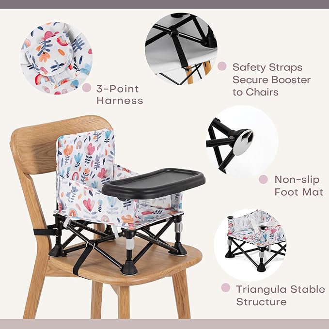Toddler Booster Seat for Dining Table & Kitchen Chair - Portable Foldable with Removable Tray, Baby Camping Chair 6-36 Months Indoor Outdoor (Green Stripe)