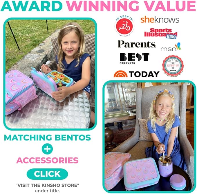 Bento Lunch Box with Thermo for Kids Set, Insulated Lunch Bag with Ice Pack, Stainless Steel Food Jar for Hot Soup, Boxes with 4 Compartments for Girls Toddler Snacks Lunches, Purple Rainbow