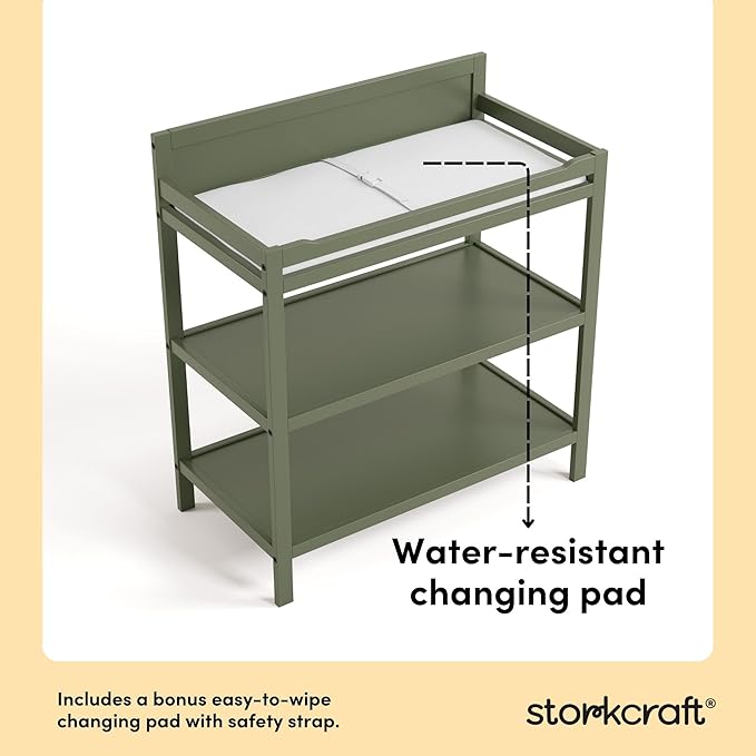 Storkcraft Alpine Changing Table (Olive) - Includes Water Resistant Changing Pad with Safety Strap, 2 Open Shelves for Storage