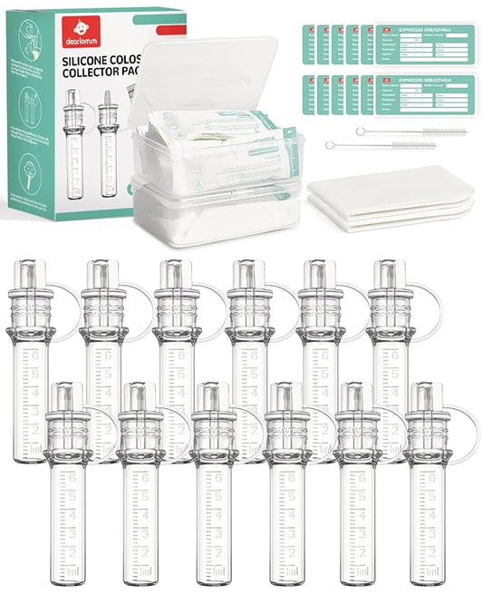 dearlomum Colostrum Collector Kit 6ml/12pcs,Reusable Breast Milk Collector with Storage Case and Cotton Wipe,Portable Colostrum Container BPA Free