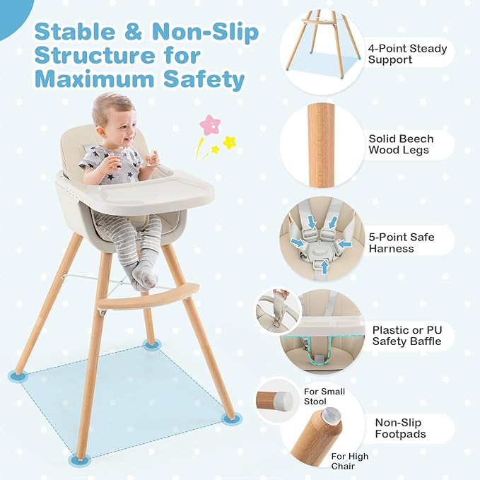 HONEY JOY Baby High Chair, 6-in-1 Eat & Grow Wooden Highchair/Toddler Chair with Removable Tray, 5-Point Harness, PU Cushion and Footrest, Convertible High Chair for Babies and Toddlers(Beige)
