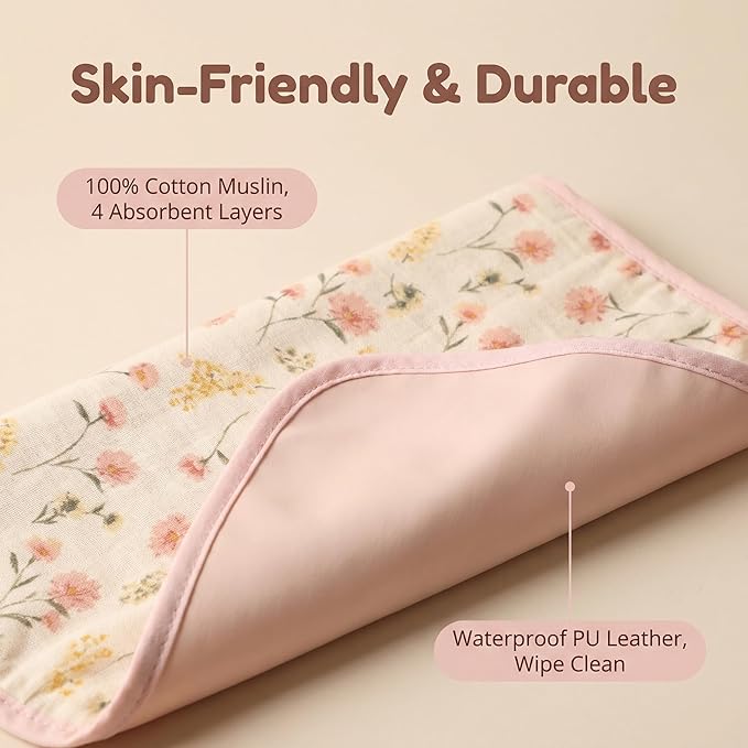 Baby Diaper Changing Pad, 19.7"x25.6" Waterproof Changing Pad Liners with 100% Muslin Cotton Front Top and Leather Back, Soft and Absorbent Portable Changing Mat for Travel, Changing Station