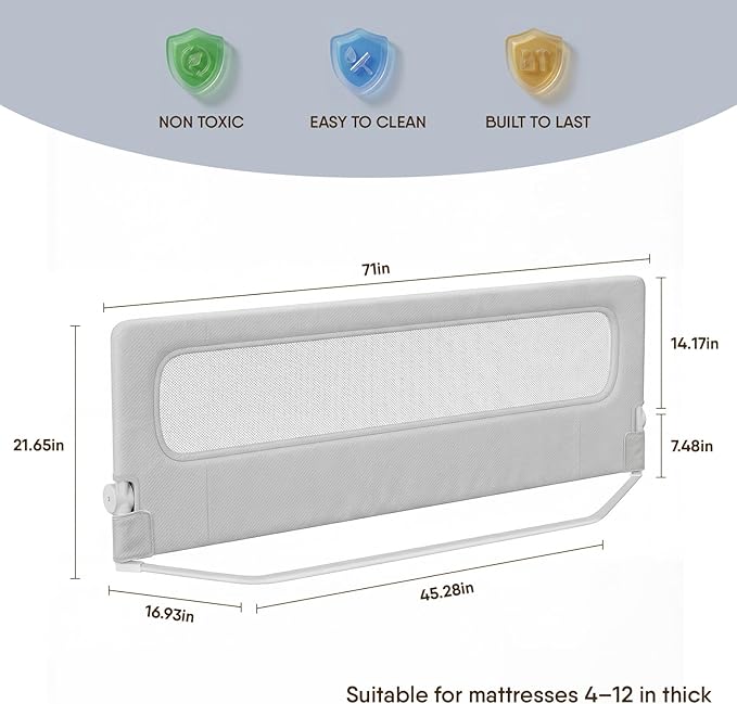 Folding Bed Rail for Toddlers, Baby Bed Rail Guard with Reinforced Anchor Safety System, Toddler Bed Rails for King Size Beds, Twin, Full, Queen (Grey, 71"x21.6")