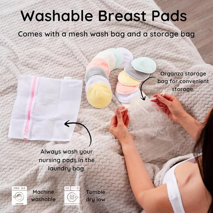 Organic Nursing Pads - 14 Washable Viscose Derived from Bamboo Breastfeeding Pads, Reusable Breast Pads for Breastfeeding, Nipple Pads with Wash Bag (3-Layers, Pastel Touch, 3.9")
