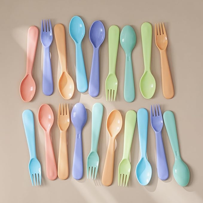 12 Pieces Toddler Utensils Set, Plastic Spoons and Forks Set for Kids, Children Safe Flatware, Dishwasher Safe, Plastic Reusable Cutlery, BPA Free, Macaron color