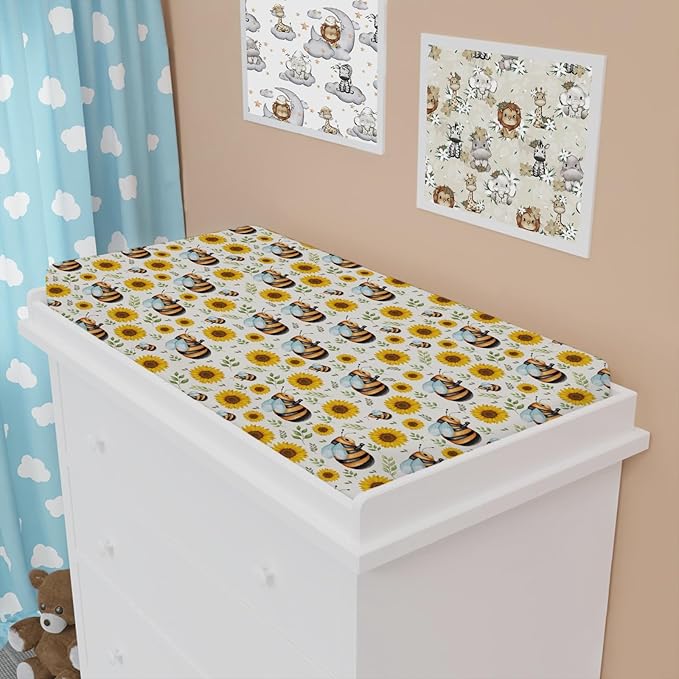 Cute Bees Sunflowers Leaves Changing Pad Cover Bees Boho Floral Diaper Change Table Pad Covers for Girls or Boys Soft Breathable Stretchy Snug Fitted Changing Sheets Mats Cover 32''x16''