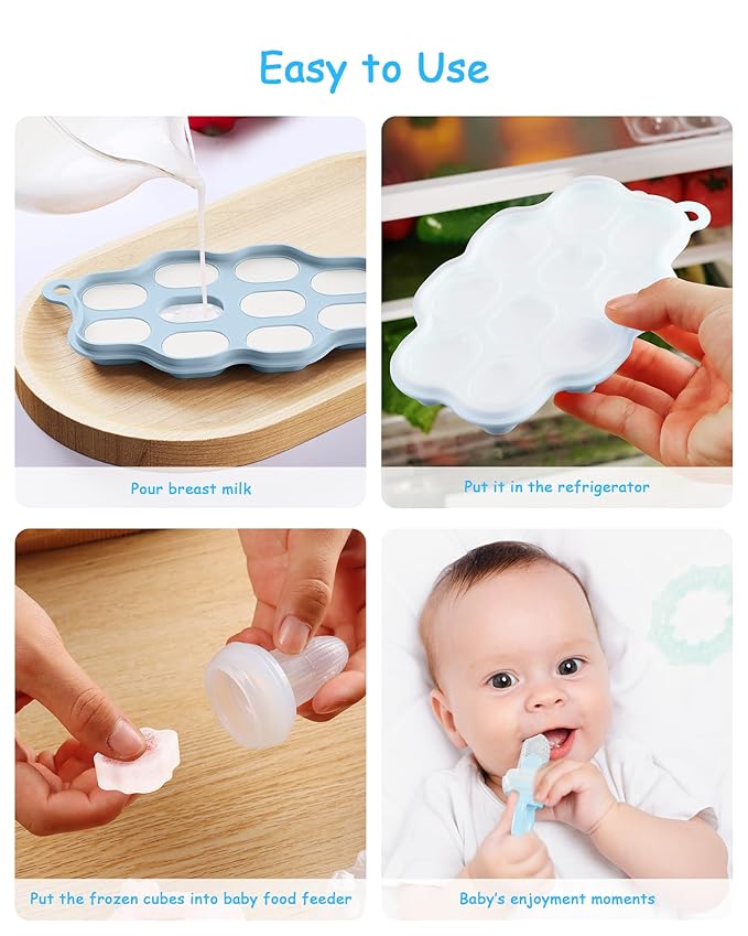 Baby Food Freezer Tray & Fruit Feeder Set – 2 Pack Silicone Baby Food Storage Trays + 2 Fresh Food Feeders for Infant Teething & Self Feeding – Popsicle Mold for Breastmilk, Purees, Blue & Green