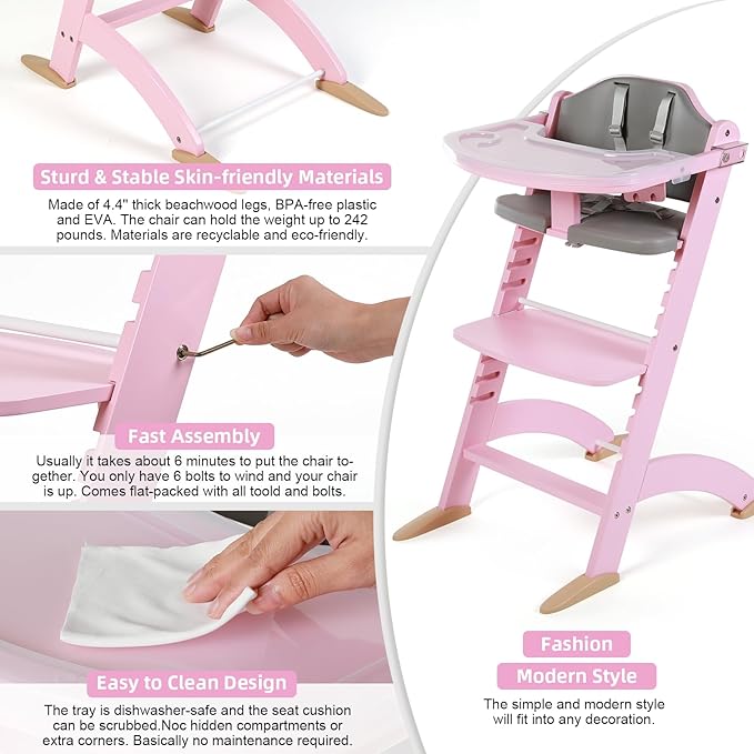 Cowiewie New Upgrade 3-in-1 Convertible Wooden High Chair for Babies & Toddlers 10 Levels Adjustable 3-Tier Remove 2 Waterproof Cozy Cushions Pink