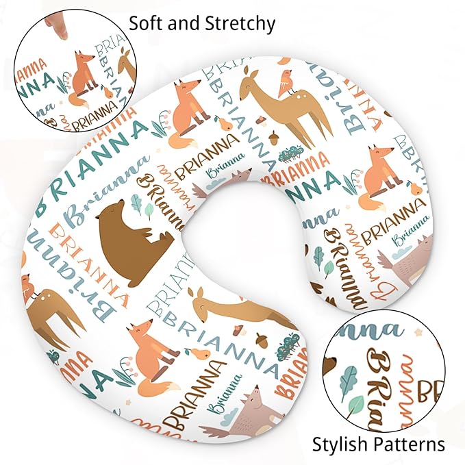Baby Nursing Pillow Cover - Personalized Name Breastfeeding Pillow Cover with Bears Pattern, Stretchy Removable U-Shaped for New Moms, Soft Breathable Slipcover for Infant Boys Girls