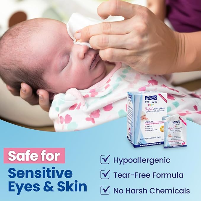 Purified, Non Irritating, Tear Free, Hypoallergenic & Sensitive Approved Baby Eyelid Wipes by Dr. Fischer – Pre-moistened, Rinse Free and Pediatrician Recommended - (30)