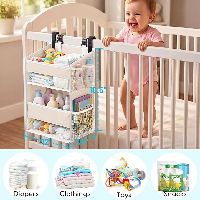 Ofiray-home Hanging Diaper Organizer for Changing Table,Cribs,Car,Playard or Wall & Nursery Organization - Spacious & Durable 2-Tier Diaper Organizer- Hold 90+ Diapers, Won't Deform, Beige