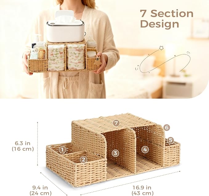 Diaper Caddy Organizer, Hand Rattan Nursery Storage Basket for Baby Essentials, Baby Changing Table Organizer Perfect Nursery Assistant (Natural Light Woven - Style 2, L)