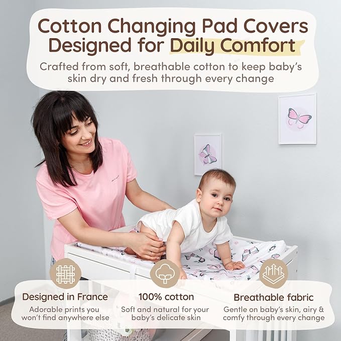 Baby Diaper Changing Pad Covers Table Sheets 32"x16", 8"Deep Pocket - Floral Changing Pad Cover, 100% Cotton Baby Girl Butterfly Nursery Change Pads Sheets 2 Pack, Designed in France, White-Light Pink