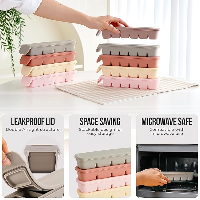 1.7 oz/4 Sections Silicone Ice Cube Freezer Tray with Lid, 100% Food-Grade Platinum Silicone,Leak Resistance & Dishwasher Safe for Baby Food Prep,Breast Milk,Purees - Korean Made, Beige