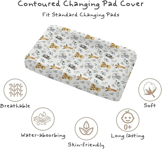 Changing Pad Cover for Baby Girls Boys, 32"/34" x 16" Safe Snug Diaper Change Table Pad Covers, Soft Stretchy Changing Pad Sheets Safari Jungle Animals Theme Nursery Decor