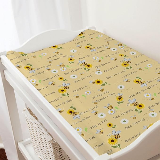 Watercolor Bees Boho Sunflowers Leaves Baby Changing Pad Covers for Boy Girl 32''x16'' Bees Retro Floral Fitted Changing Pad Sheets Bees Soft Diaper Change Table Mats (Yellow, one Size)