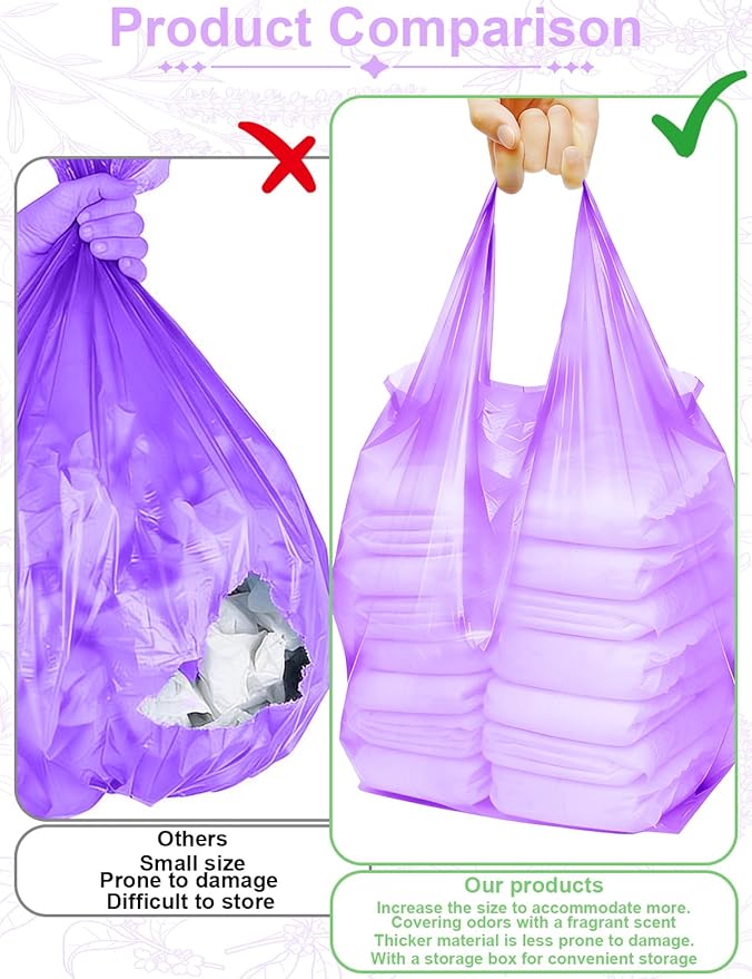 Large Adult Diaper Disposal Bags 23"x18" with Wall Mount Storage Box, 96 Pcs Disposable Diaper Sacks, Odor Lock to Reduce Embarrassment, Travel & Incontinence Disposal Bags for Home & Travel, Purple
