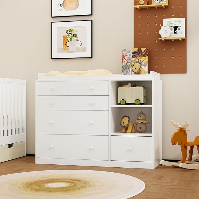Timechee Changing Table Dresser, Baby Classic Nursery Dresser with 5 Drawers and 2 Shelves, Multi-Functional Baby Changing Table, Diaper Changing Station for Children's Room, White