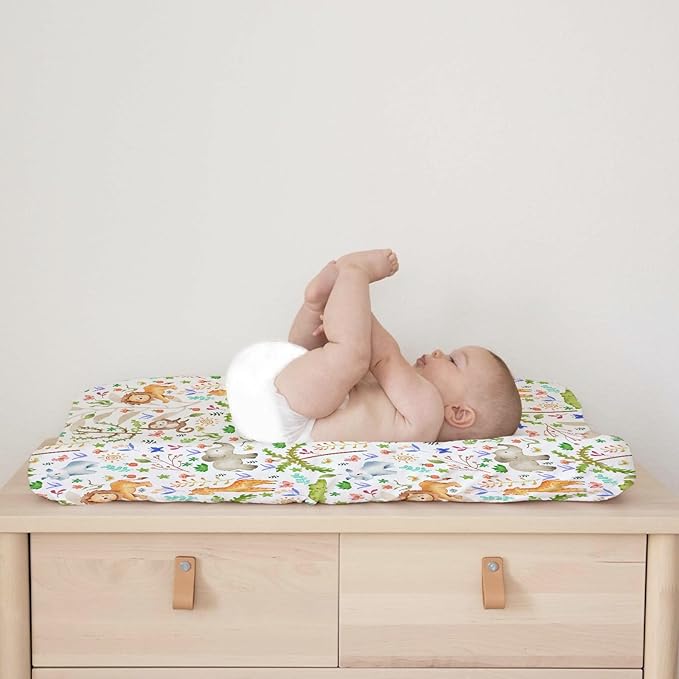 Safari Jungle Animals Trees Changing Pad Covers Lions Elephant Giraffe Monkey Hippo Sun Leaves Baby Diaper Change Table Sheets for Boy Girl Soft Breathable Stretch Fitted Changing Table Mats 32''x16''