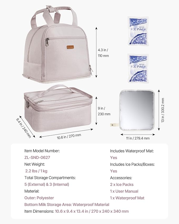 VEVOR Breast Pump Backpack, Breast Feeding Bag with Ice Pack, Compatible with Spectra S1/S2, Portable Pump Carrying Case for Breastmilk Storage, Work, Travel and Family Use, Light Pink