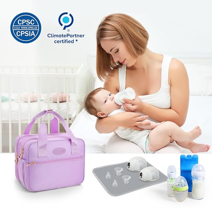 PIIOSER Breastmilk Cooler Travel Bag with Ice Pack, Compatible with Wearable Breast Pumps & Accessories - Portable Hands Free Breast Pump Carrying Case for Nursing & Working Moms, Purple