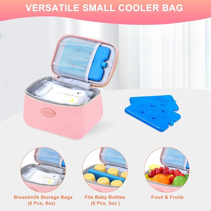 PIIOSER Breast Milk Cooler Travel Bag with 2 Ice Pack, Fits 6 Breastmilk Storage Bags Up to 8Oz, Insulated Small Baby Breastmilk Storage Cooler Bag for Daycare and Breastfeeding Mom (Pink-XS)