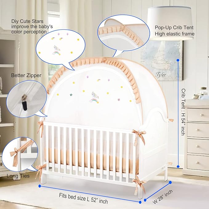 Crib Tent to Keep Baby from Climbing Out, Wonderful Stars Breathable Pop-up Mosquito Net, Protable Baby Tent, Safety Crib Net Pack and Play Bed Canopy