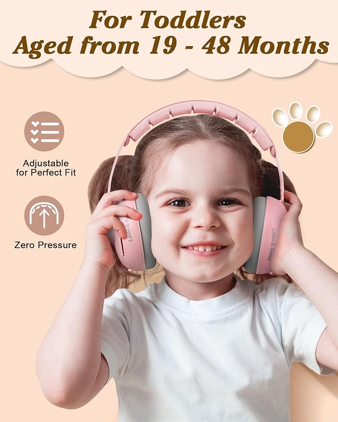 Lilian&Gema 2-in-1 Baby Ear Muffs Noise Protection up to 48 Months - Baby Airplane/Travel Essentials - Adjustable Noise Reduction Earmuffs - Ear Protection Headphones for Infant & Toddler, Pink