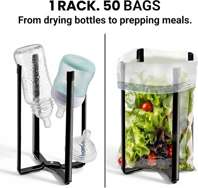 Performore Collapsible Bottle Drying Rack – Stainless Steel Kitchen Stand Holder for Bottles, Cups & Plastic Bags – Space-Saving Multi-Use 50-Pc Bag Organizer