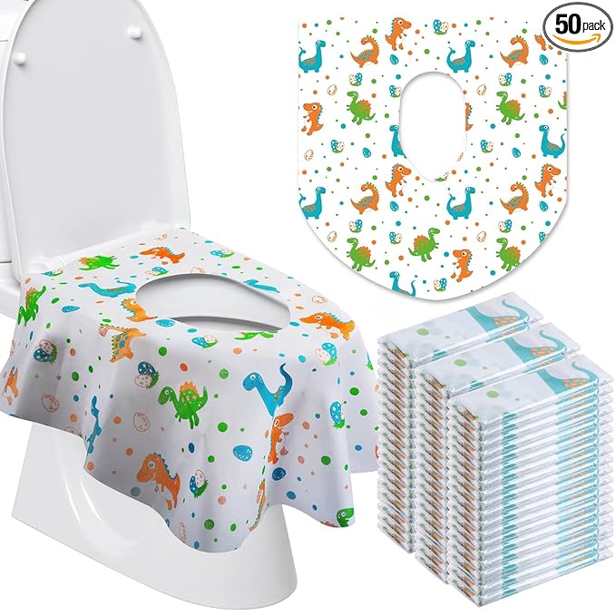 50 Packs Disposable Toilet Seat Covers Extra Large Individually Wrapped for Kids and Adults, Portable Non Slip Waterproof Potty Seat Covers for Toddlers Potty Training, Travel (Dinosaur)