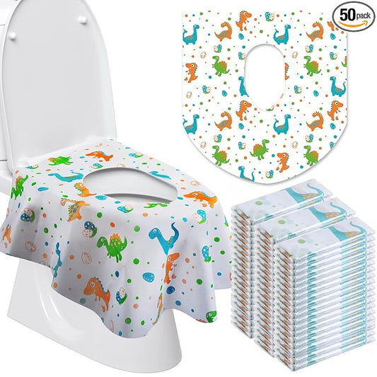 50 Packs Disposable Toilet Seat Covers Extra Large Individually Wrapped for Kids and Adults, Portable Non Slip Waterproof Potty Seat Covers for Toddlers Potty Training, Travel (Dinosaur)