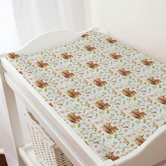 Highland Cows Boho Floral Changing Pad Covers Highland Yak Retro Flowers Change Table Pad Cover for Boys Girls Farm Animal Soft Stretchy Snug Fitted Diaper Changing Mat Sheets Cover 32''x16''