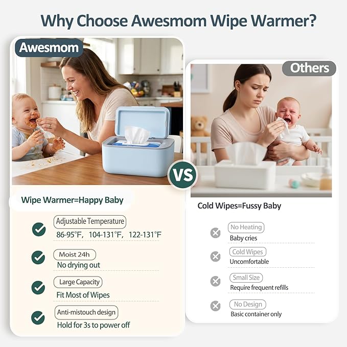 Wipe Warmer for Babies, Adult, Adjustable Temperature, Silent Heating, Large Wipe Holder with Constant Warmth –Blue