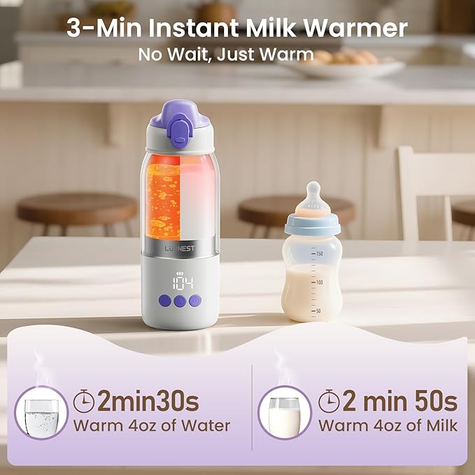 Portable Bottle Warmer for Travel, 3-Min Fast Heating Baby Bottle Warmer for Breastmilk & Formula, 12oz Rechargeable Milk Warmer with 6 Temp Settings, USB-C for Car, Airplane & Outdoor