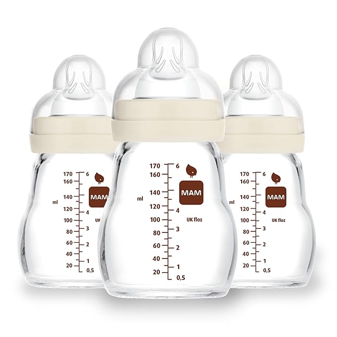 MAM 6oz Premium Glass Wide Neck Baby Bottle with Slow Flow Breastfeeding-Like Silicone Nipple, Easy to Clean,BPA Free, 0+ Months, Easy Switch Between Breast and Bottle, Made in Europe, 3 Pack Unisex