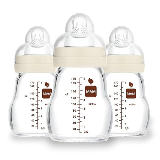 MAM 6oz Premium Glass Wide Neck Baby Bottle with Slow Flow Breastfeeding-Like Silicone Nipple, Easy to Clean,BPA Free, 0+ Months, Easy Switch Between Breast and Bottle, Made in Europe, 3 Pack Unisex