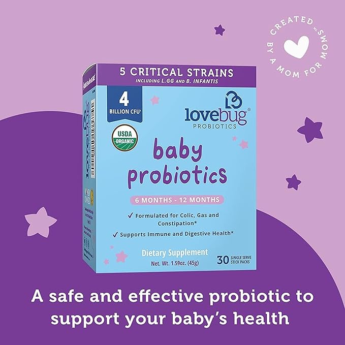 LOVEBUG Award Winning USDA Organic Probiotic for Babies | Multi-Strain 4 Billion CFU | Easy-to-Take Powder | Sugar Free | Ages 6-12 Months | 60 Packets