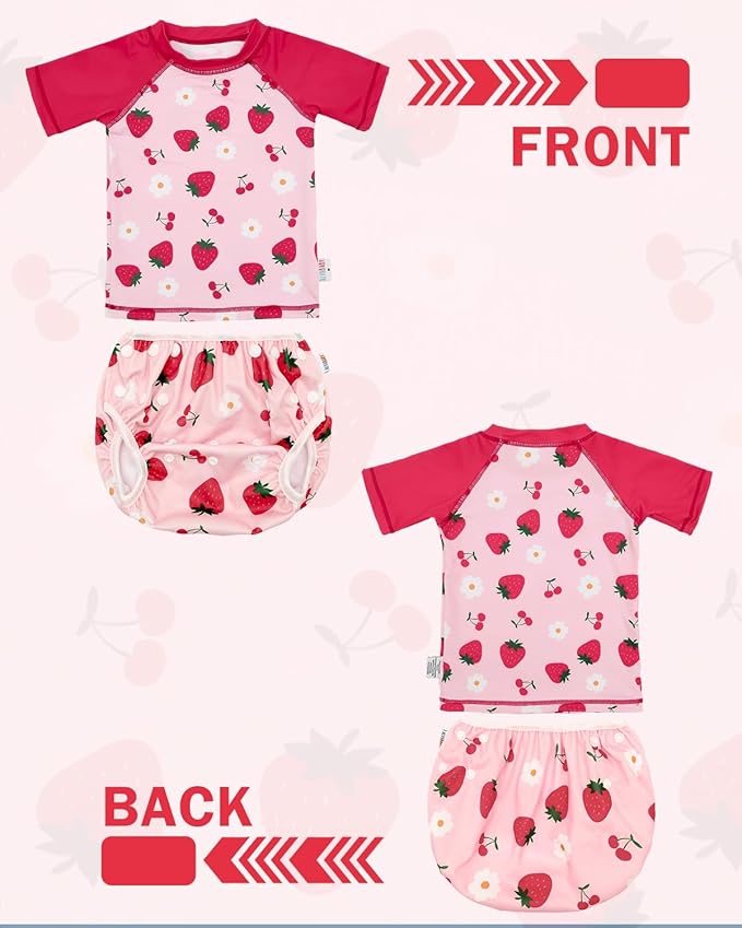 ALVABABY Baby Girl Swimsuit, 2-Piece Infant Toddler Bathing Short Sleeve Swimwear, Large Baby Reusable Swim Diaper with Matching Top