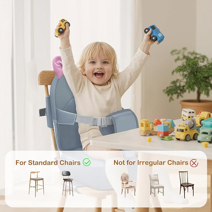 Booster Seat for Dining Table, Toddler Booster Seat for Dining Table, Kids Boys Girls Portable PU Waterproof Travel Baby Boosters Increasing Cushion with Backrest and Adjustable Strap (Gray, OneSize)