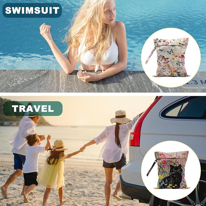 2Pcs Wet Bags, Cat Lover Gifts Wet Dry Bag Reusable for Swimsuit, Travel, Diapers, Beach, Dirty Yoga Gym Clothes, Toiletries, Makeup Bag, Waterproof Butterfly Cat Floral Print Birthday Christmas Gifts
