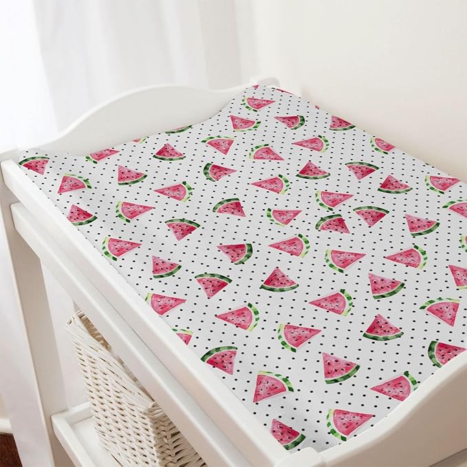 Watercolor Watermelon Dots Changing Pad Covers Watermelon Fruits Diaper Changing Table Cover Sheets for Boy Girl Boho Summer Fruits Soft Breathable Stretch Fitted Baby Changing Table Mats 32''x16''