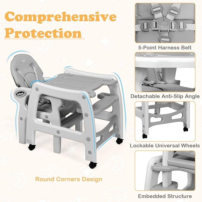INFANS 5 in 1 Baby High Chair, Convertible Toddler Table Chair Set, Rocking Chair, Multi-Function Seat with Lockable Universal Wheels, Adjustable Seat Back, Removable Trays
