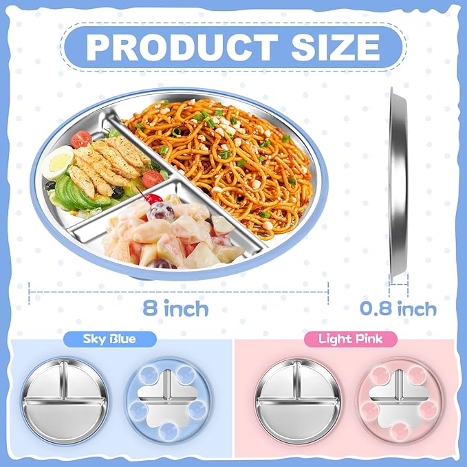 OVV Stainless Steel Kids Plates (2 Pack) 8 Inch Toddler Divided Plates with ﻿Removable Silicone Sleeves & 5 Suction Cups Baby Self Feeding | Mess-Free Mealtime | Dishwasher Safe
