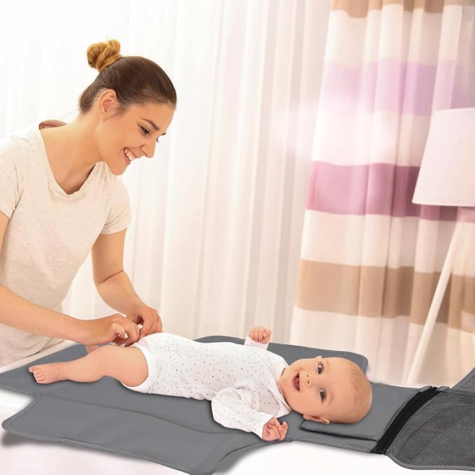 Portable Diaper Changing Pad, Newborn Diaper Changing Pad Baby Changing Pad with Smart Wipes Pocket Waterproof Travel Changing Kit for Girl Boy Baby Shower Gifts (Grey)